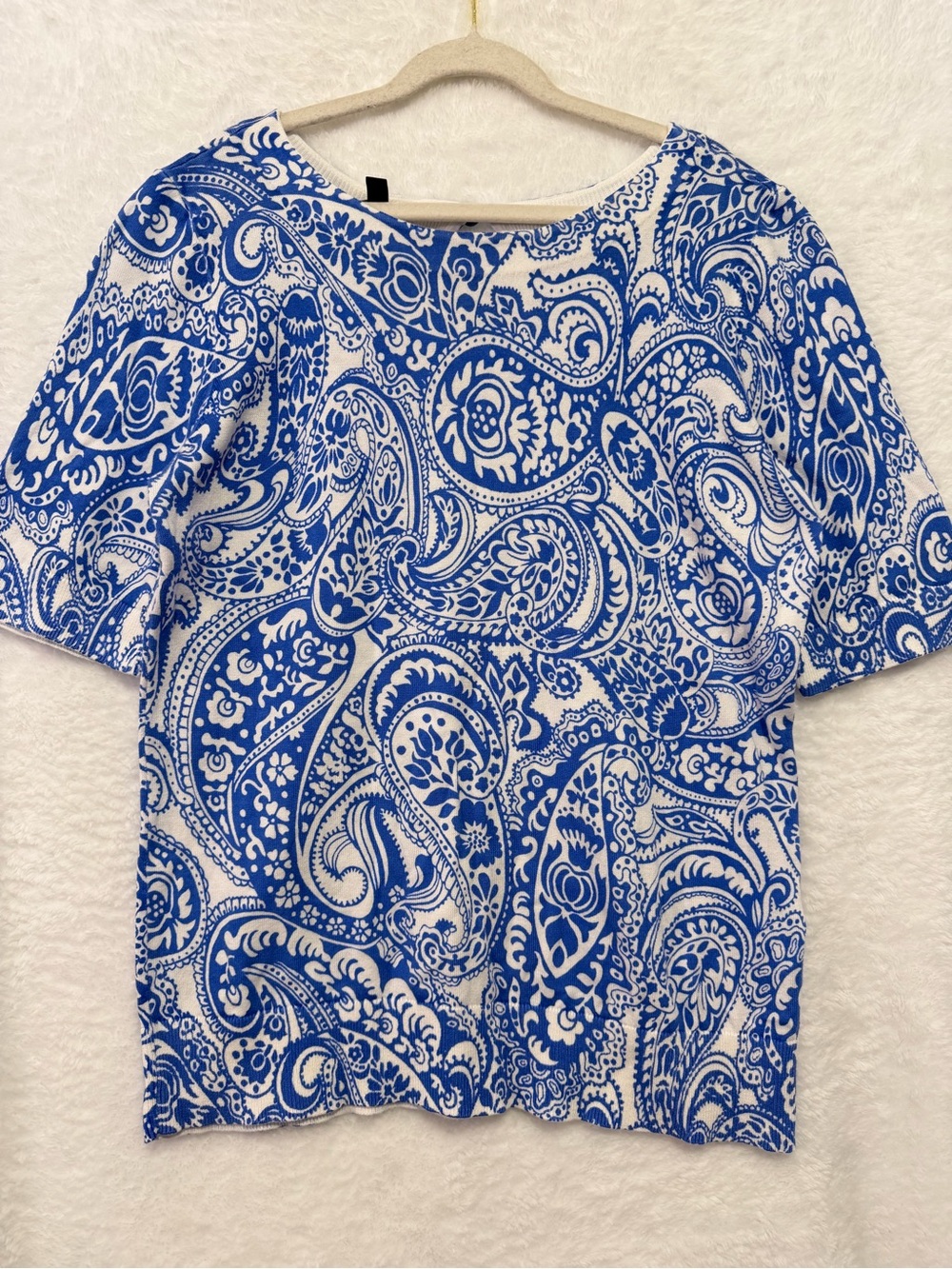 Talbots Paisley Knit Top Womens Small Blue White Short Sleeve Sweater Shirt